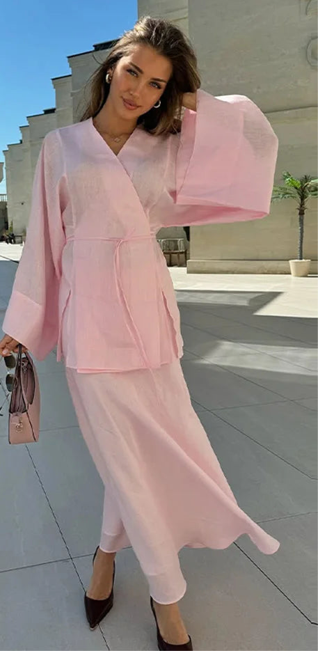 Spring Blossom Lace-Up Cardigan & High-Waist Skirt Set