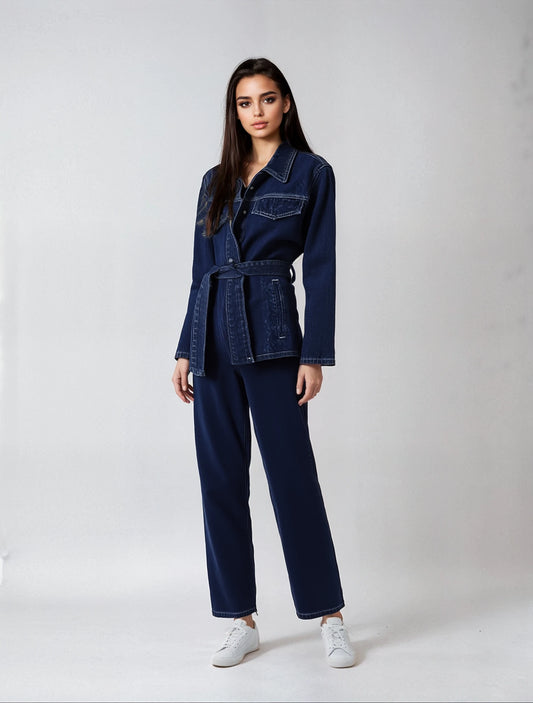 Vintage Vibes Denim Ensemble-Lapel Jacket and High-Waisted Pants