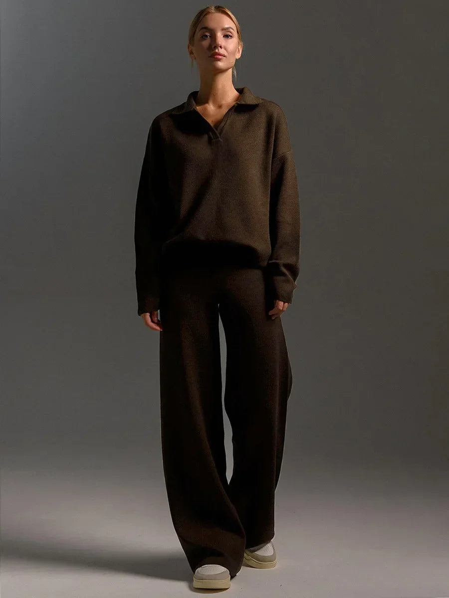 CozyChic Polo Neck Sweater & Wide-Leg Pants set