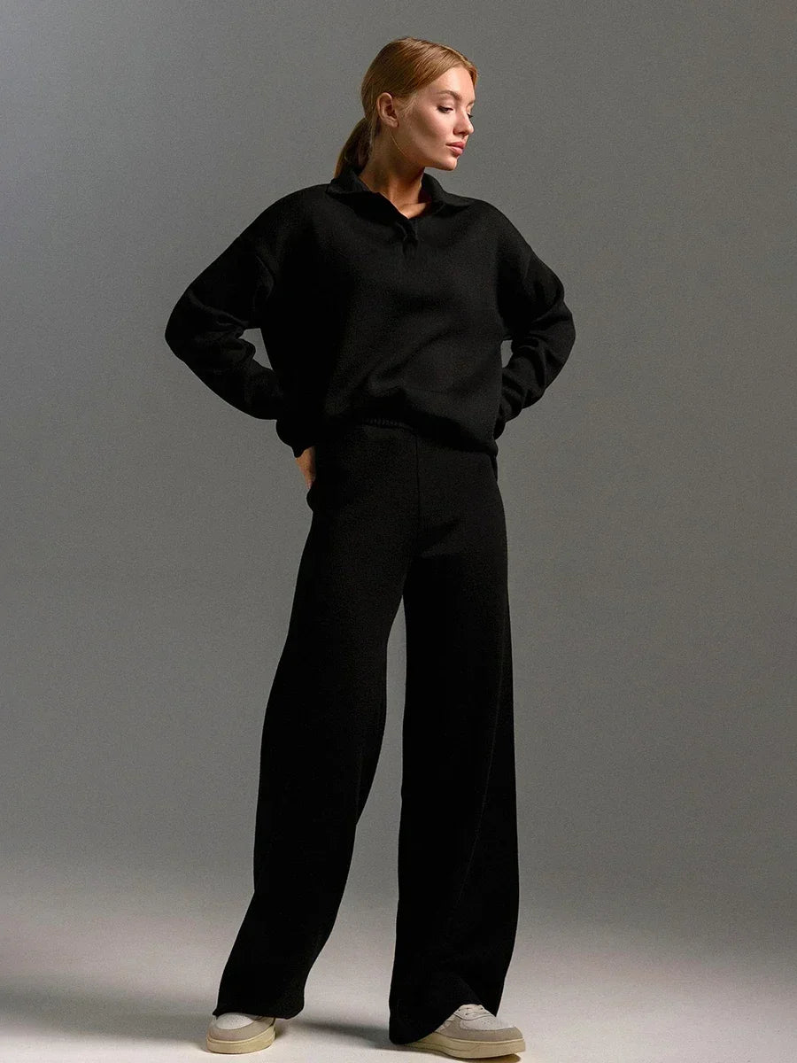 CozyChic Polo Neck Sweater & Wide-Leg Pants set