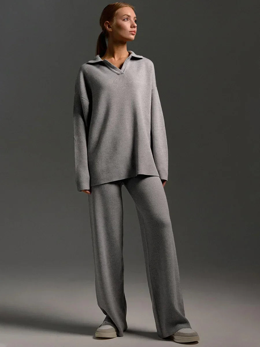 CozyChic Polo Neck Sweater & Wide-Leg Pants set