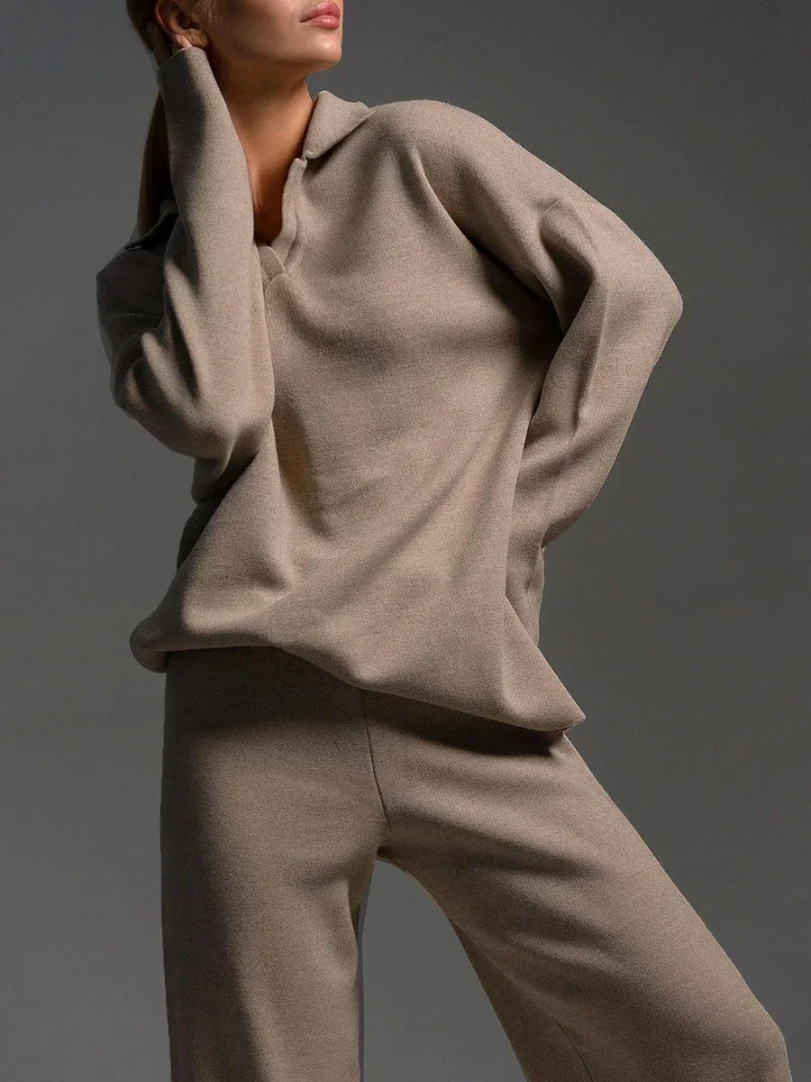 CozyChic Polo Neck Sweater & Wide-Leg Pants set