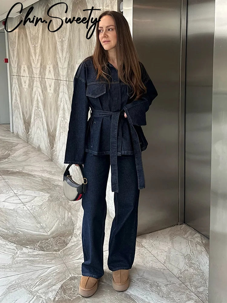 Vintage Vibes Denim Ensemble-Lapel Jacket and High-Waisted Pants
