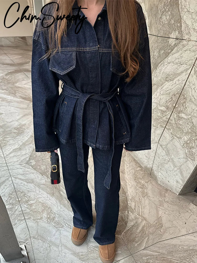 Vintage Vibes Denim Ensemble-Lapel Jacket and High-Waisted Pants