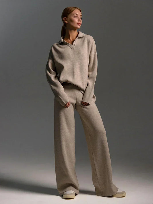 CozyChic Polo Neck Sweater & Wide-Leg Pants set