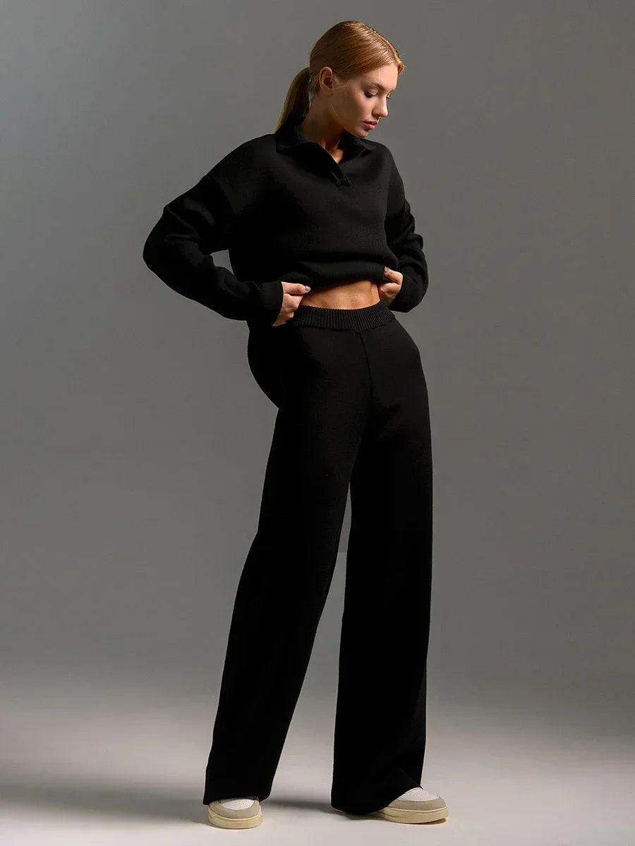 CozyChic Polo Neck Sweater & Wide-Leg Pants set