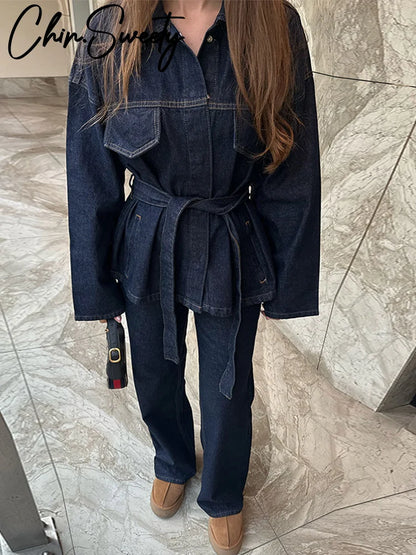 Vintage Vibes Denim Ensemble-Lapel Jacket and High-Waisted Pants
