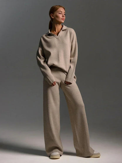 CozyChic Polo Neck Sweater & Wide-Leg Pants set
